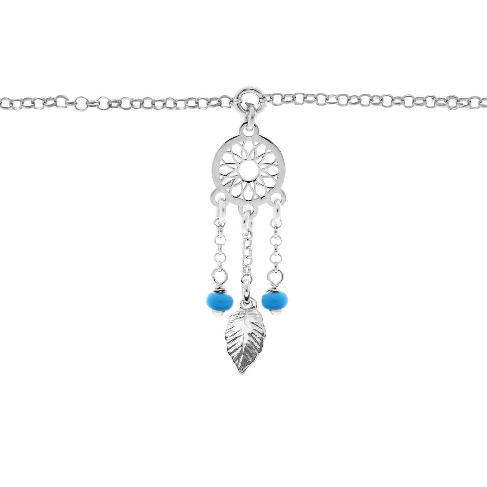 Chaîne de cheville argent rhodié pampille attrape rêve et perles bleues ciel 23+3cm