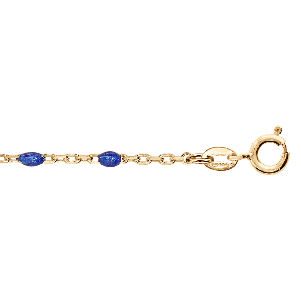 Chaîne de cheville en argent et dorure jaune mailles et olives bleues foncé 23+3cm