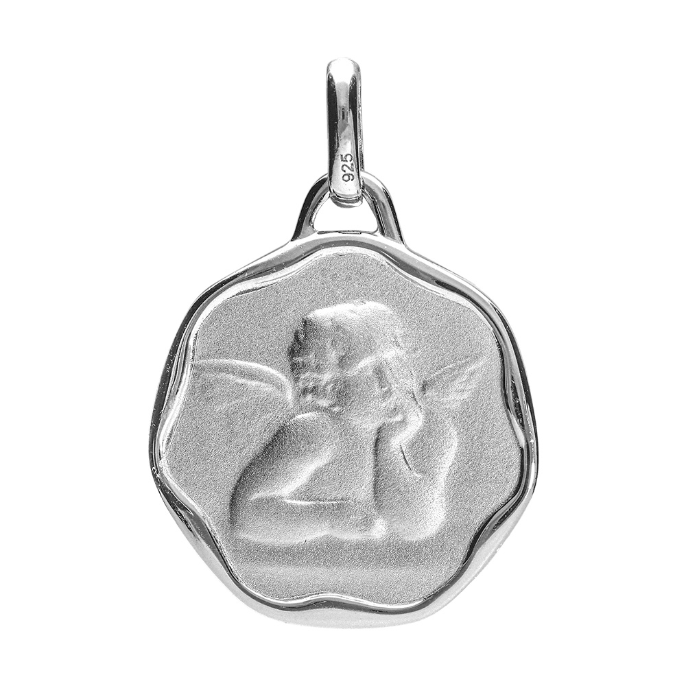 Pendentif médaille en argent rhodié avec ange en relief et bords gondolés
