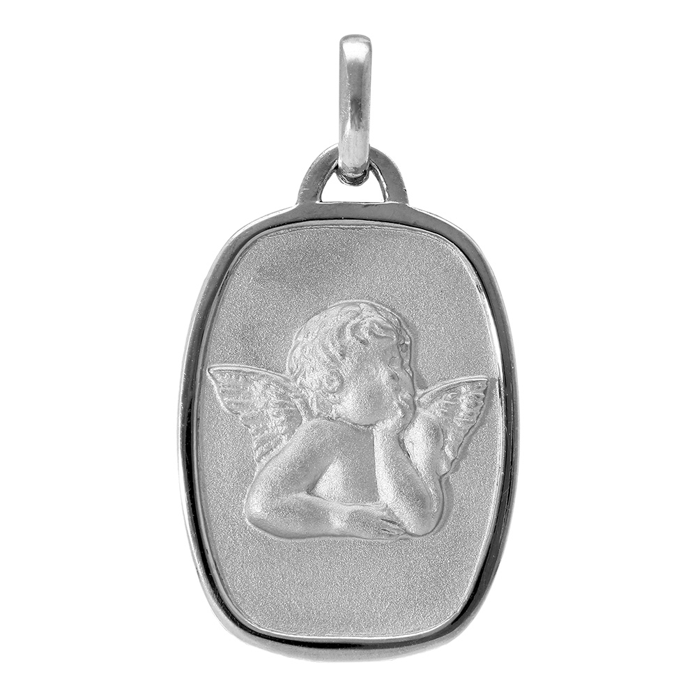Pendentif en argent rhodié rectangle arrondi avec ange en relief