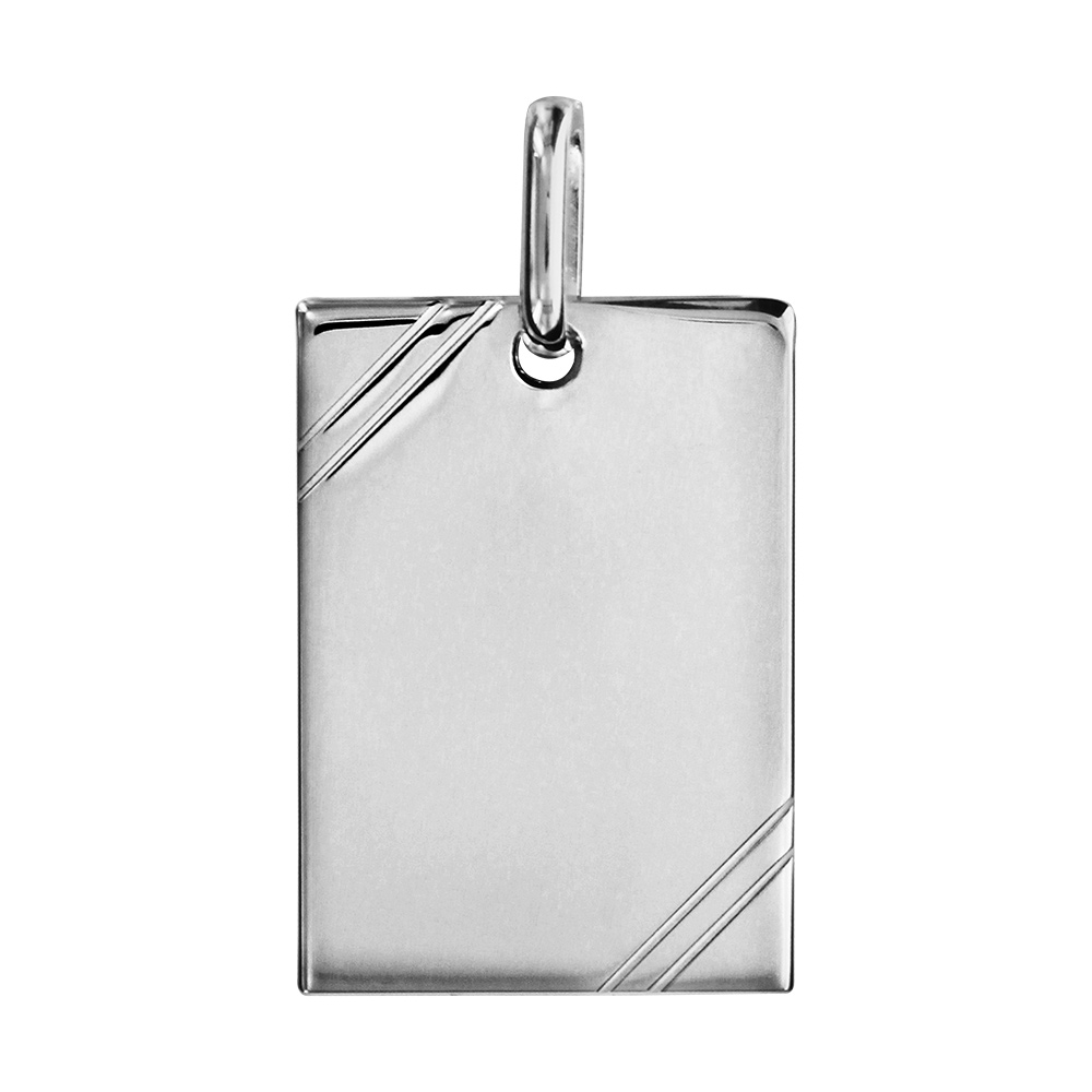 Pendentif en argent rhodié plaque G.I. rectangulaire à graver avec striures dans 2 angles - dimensions 20m X 15mm - plaque fine