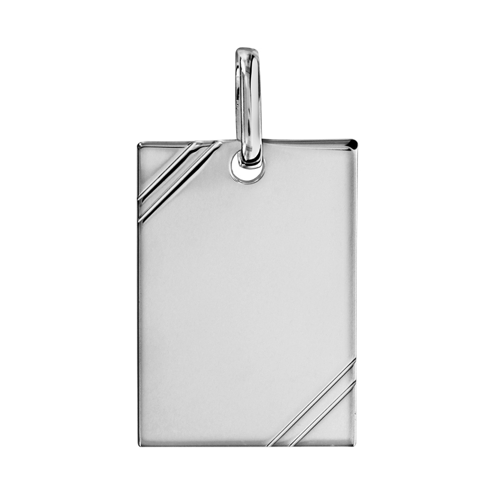 Pendentif en argent rhodié plaque G.I. rectangulaire à graver avec striures dans 2 angles - dimensions 24mm X 17mm - plaque fine