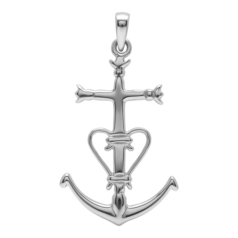 Pendentif en argent rhodié croix camarguaise grand modèle - Symbole de la Camargue, tridents, ancre et coeur