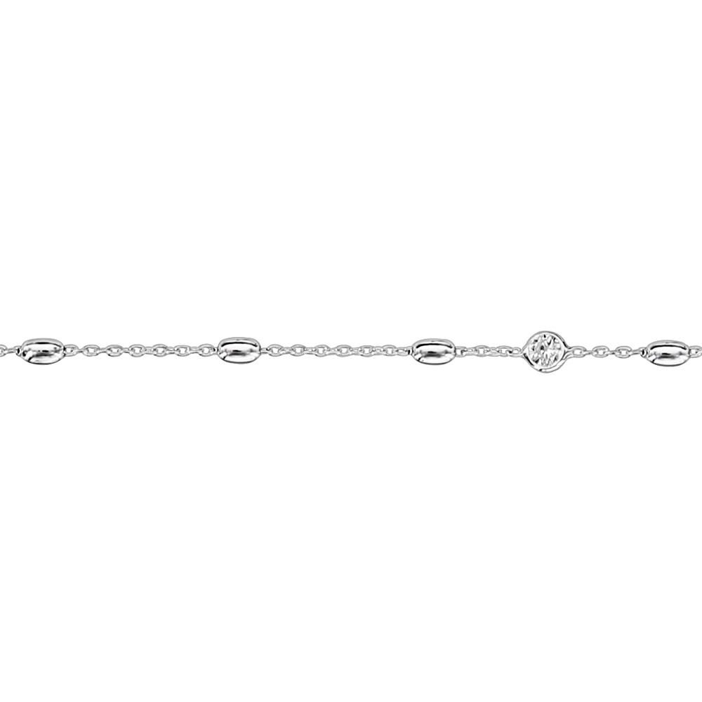 Chaîne de cheville en argent rhodié olives et oxydes blancs sertis 24cm + 3cm de rallonge