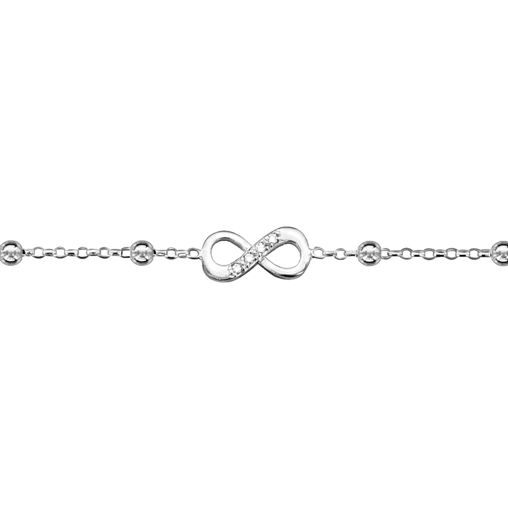 Chaîne de cheville en argent rhodié boules et infini oxydes blancs sertis 23cm + 3cm de rallonge