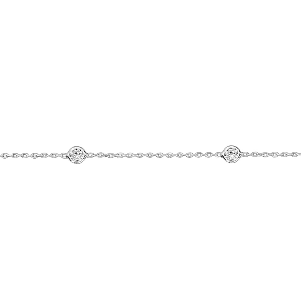 Chaîne de cheville en argent rhodié 4 oxydes ronds blancs sertis clos 23cm + 3cm de rallonge