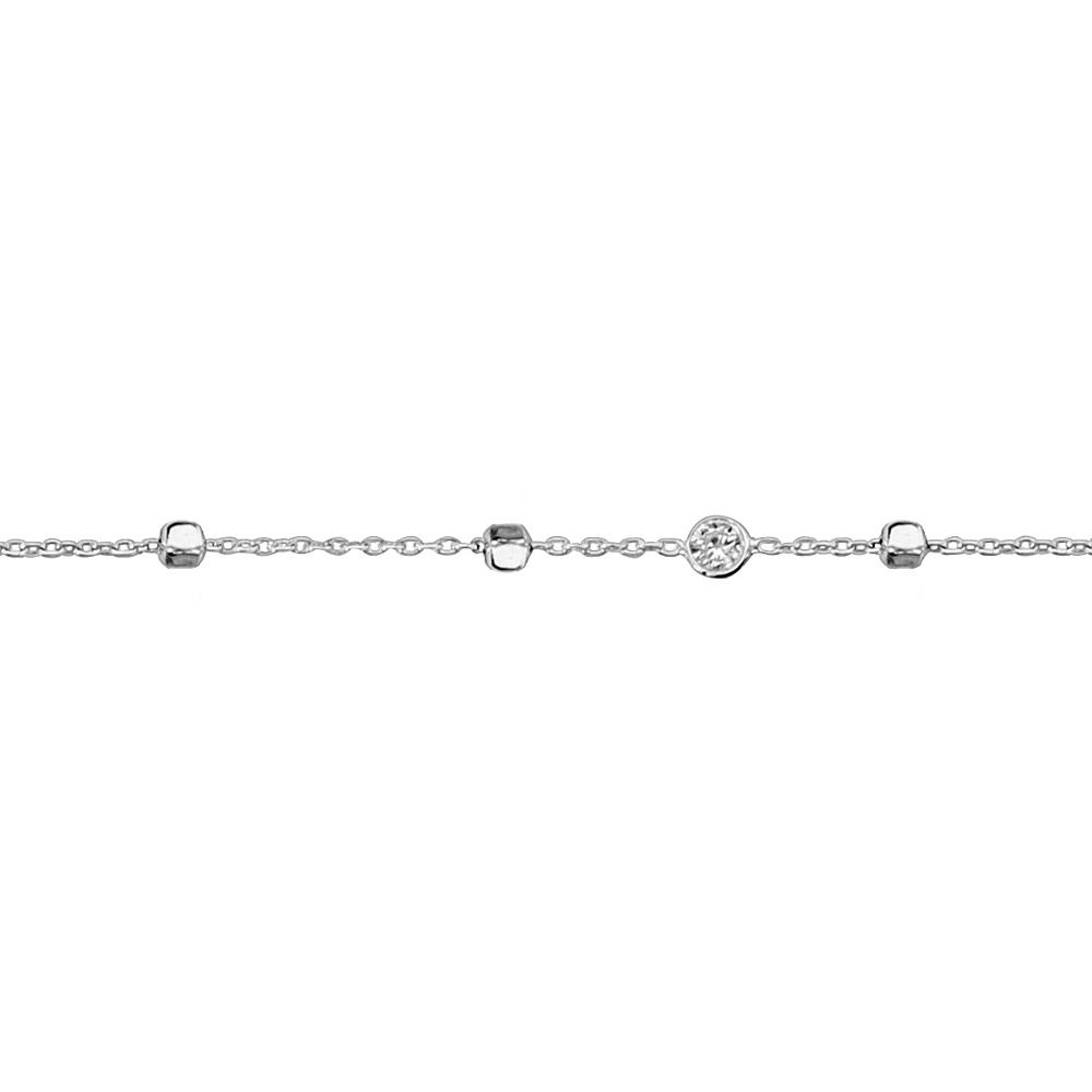 Chaîne de cheville en argent rhodié cubes et 3 oxydes ronds blancs sertis clos 23cm + 3cm de rallonge