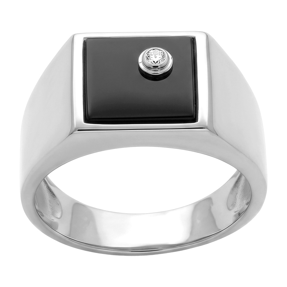 chevalière en argent rhodié plateau carré en onyx avec 1 oxyde blanc 10 X 10