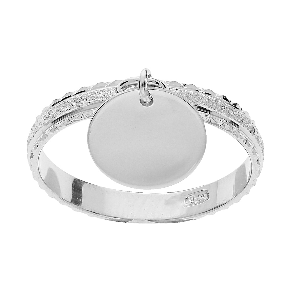 Alliance en argent platiné diamantée givrée 3mm avec pampille lisse à graver