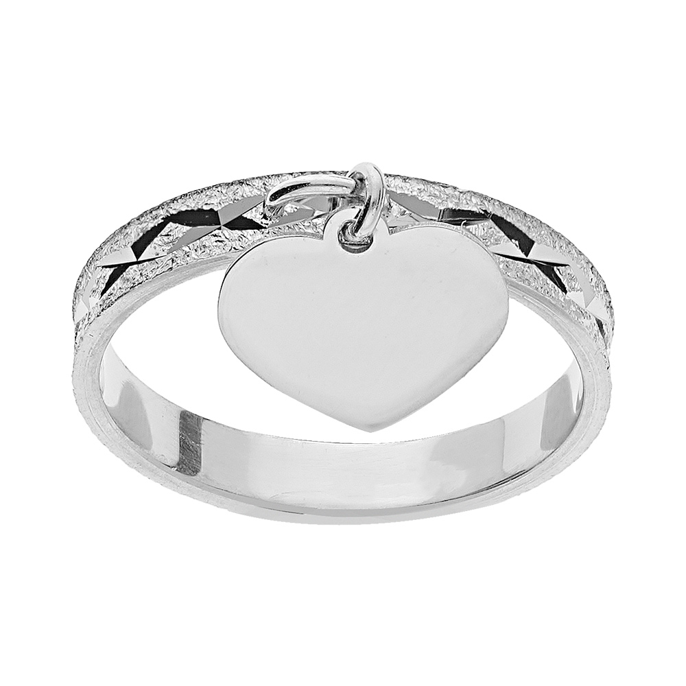 Alliance en argent platiné diamantée croisillons 3mm avec pampille coeur à graver