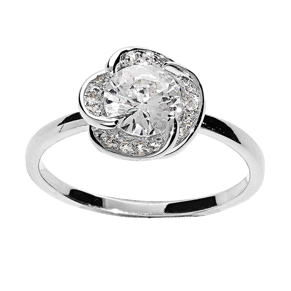 Bague en argent rhodié motif noeud d'amour pavé d'oxydes blancs