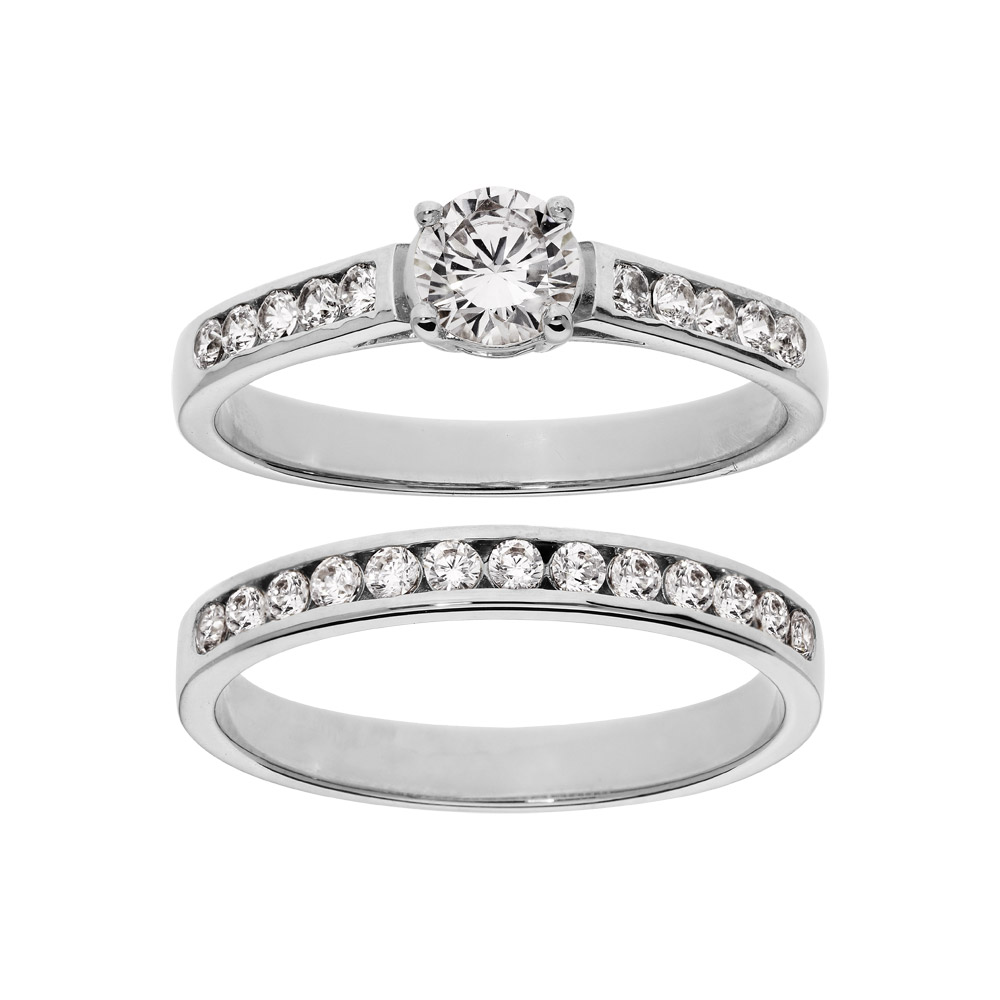 Bague en argent rhodié grande taille double anneau avec rail pierres blanches et 1 solitaire blanc