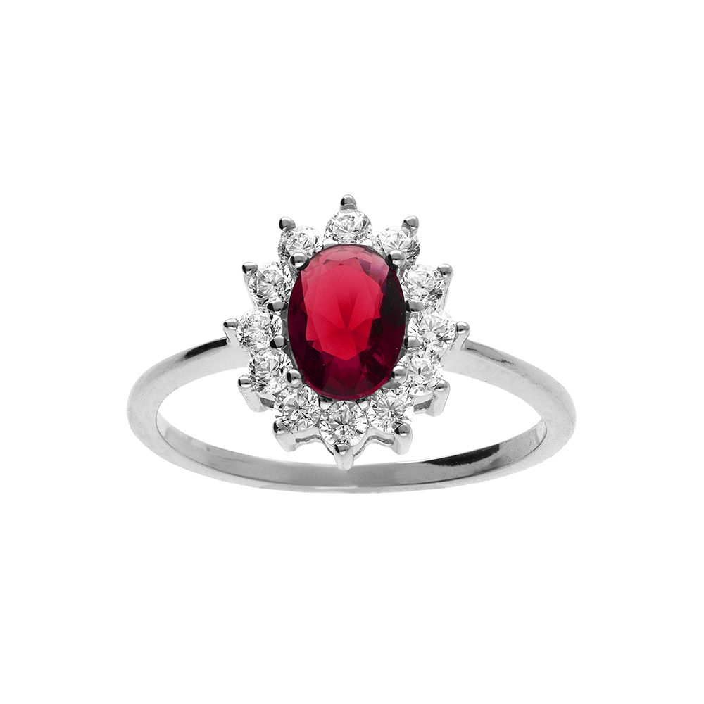 Bague en argent rhodié collection joaillerie oxyde rouge au centre et petits oxydes blancs autour
