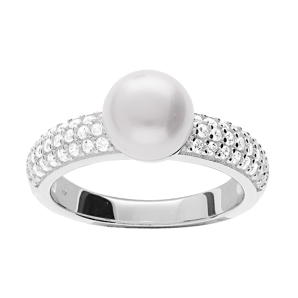 Bague en argent rhodié solitaire Perle de culture d'eau douce et oxydes blancs sertiis Bague en argent rhodié solitaire Perle de culture d'eau douce et oxydes blancs sertiis