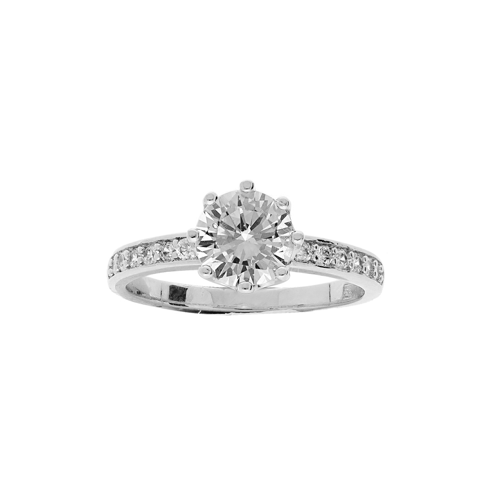 Bague en argent rhodié solitaire 8 griffes avec oxydes blancs Bague en argent rhodié solitaire 8 griffes avec oxydes blancs