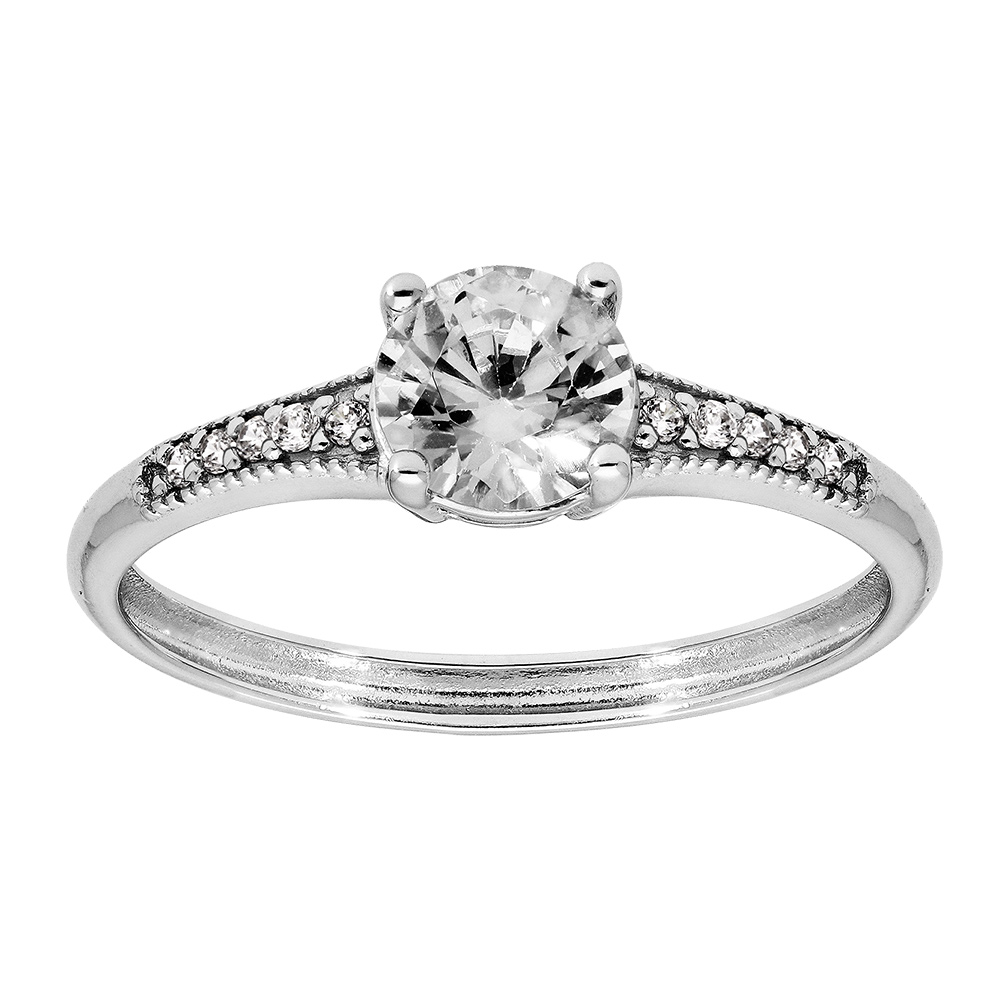 Bague en argent rhodié solitaire et oxydes blancs sertis 4 griffes