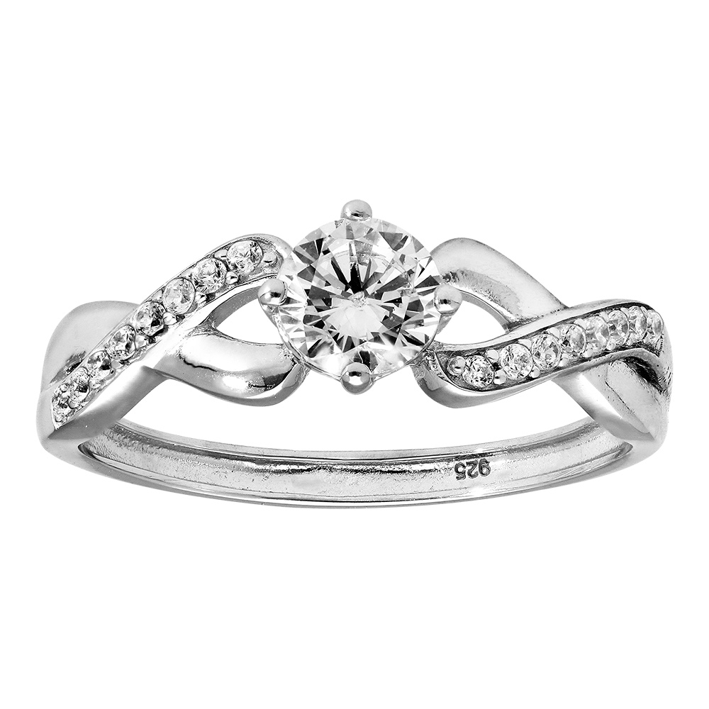 Bague en argent rhodié croisée solitaire et oxydes blancs sertis entrelacés 4 griffes