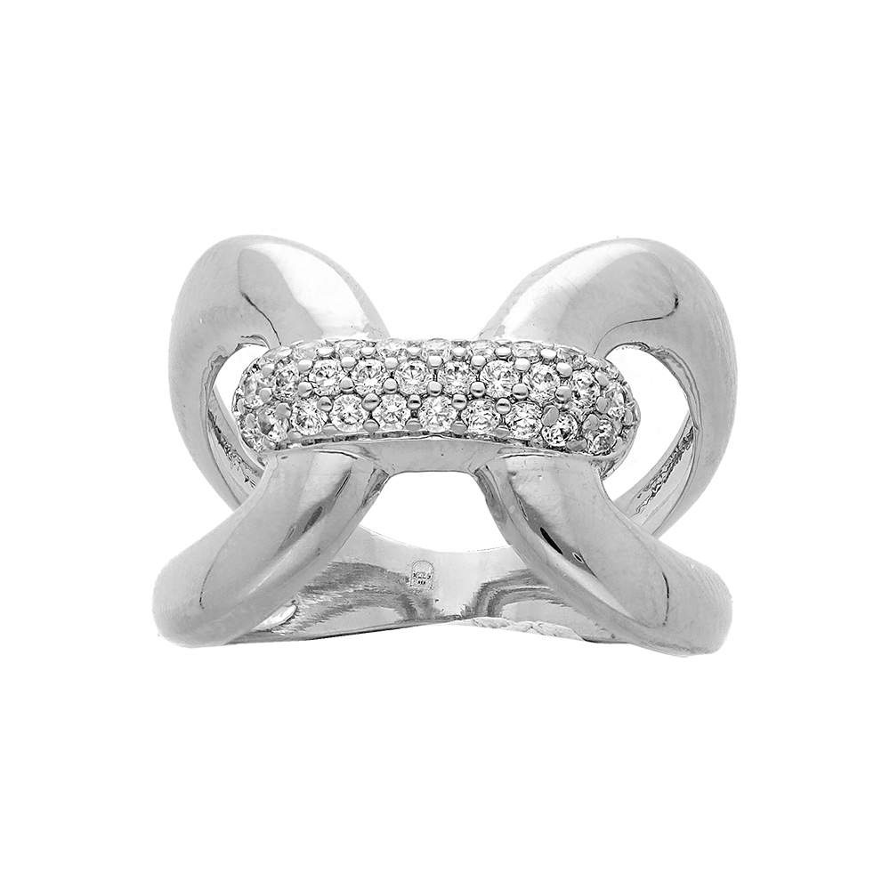 Bague en argent rhodié coisé avec oxydes blancs sertis