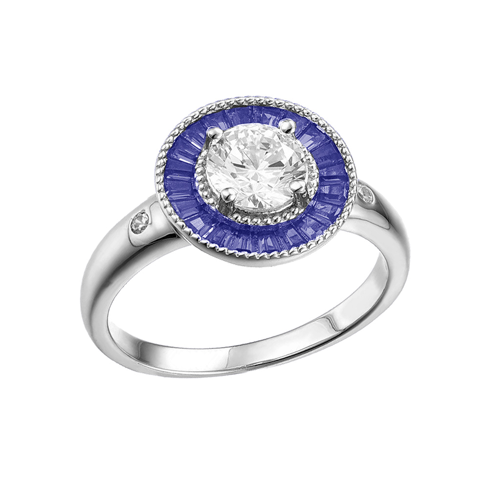 Bague en argent rhodié ronde centre oxyde blanc et contour oxydes rectangulaires bleus