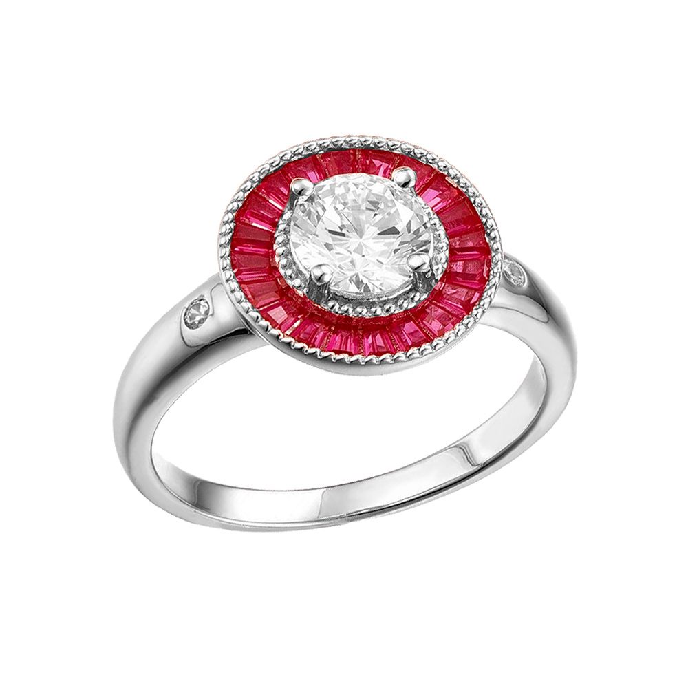 Bague en argent rhodié ronde centre oxyde blanc et contour oxydes rectangulaires rouges