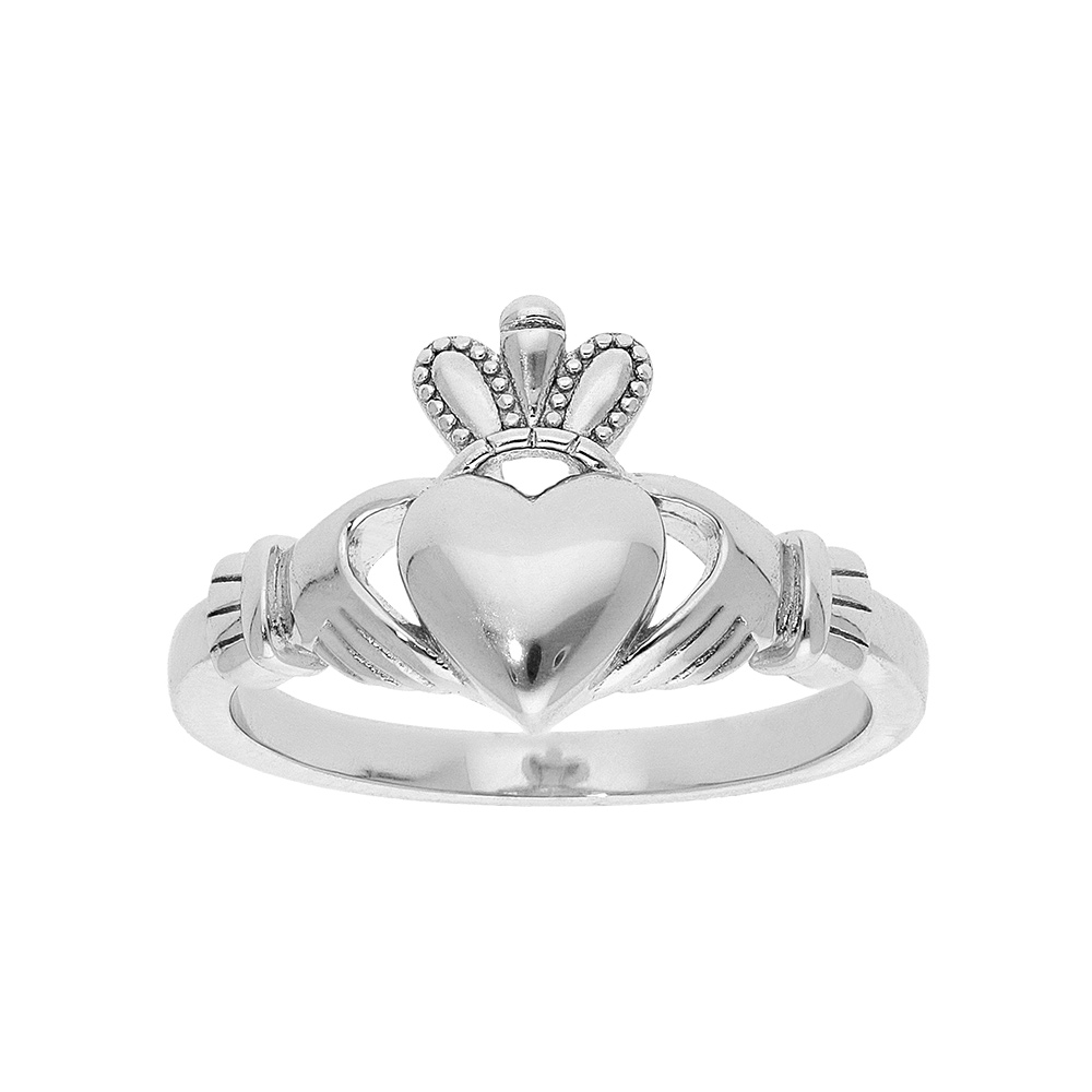 Bague en argent rhodié symbole Claddagh d'Irlande (amitie, amour, loyauté) 2 mains avec 1 coeur modèle Homme