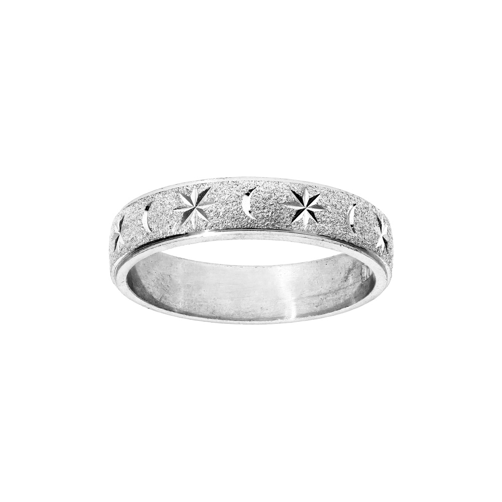 Alliance en argent rhodié granitée diamantée étoile largeur 6mm