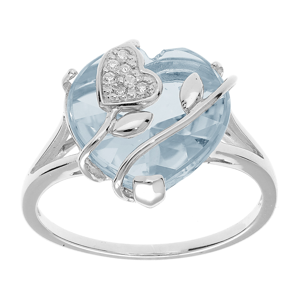 Bague en argent platiné coeur avec volute et oxyde bleu ciel