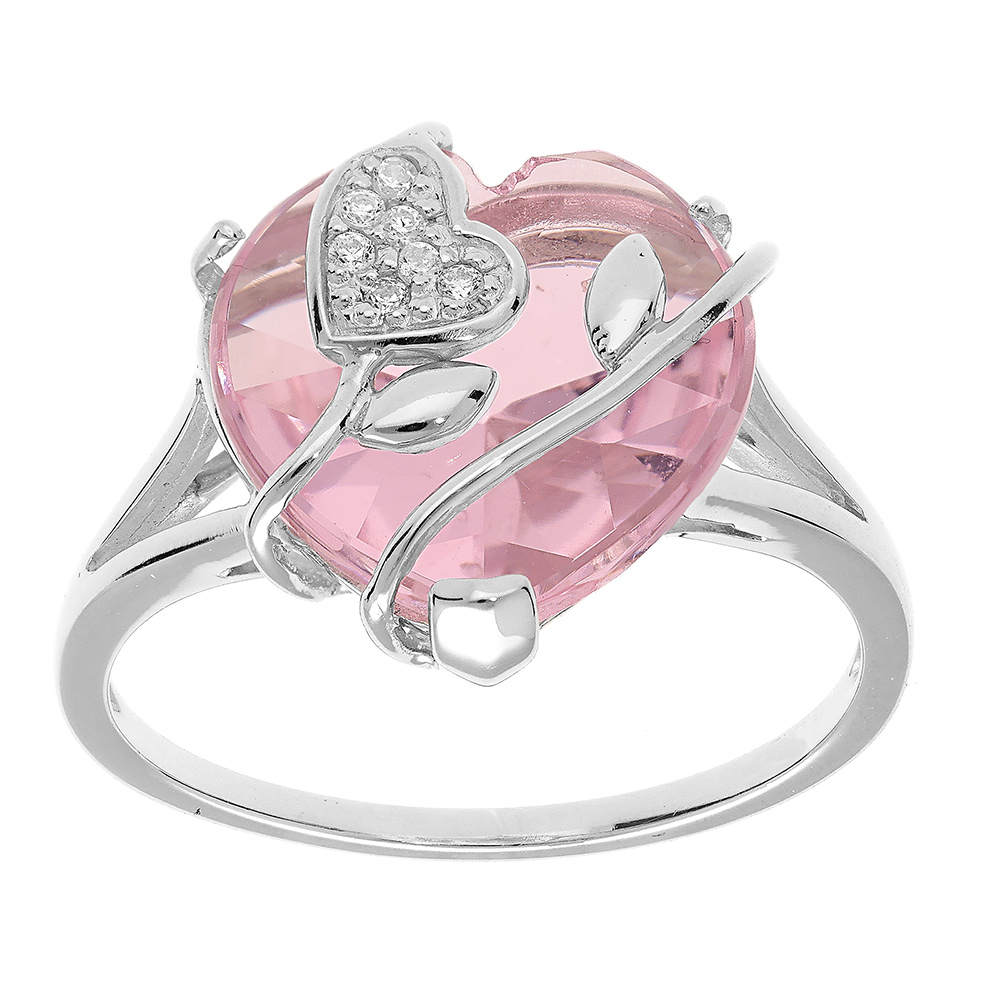 Bague en argent platiné coeur avec volute et oxyde rose