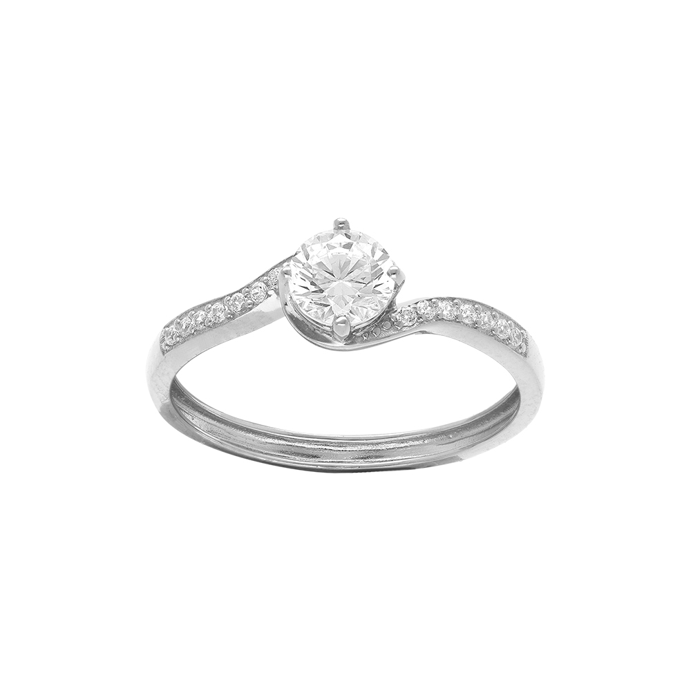 Bague en argent platiné avec 1/2 rails d'oxydes blancs sertis et solitaire oxyde blanc