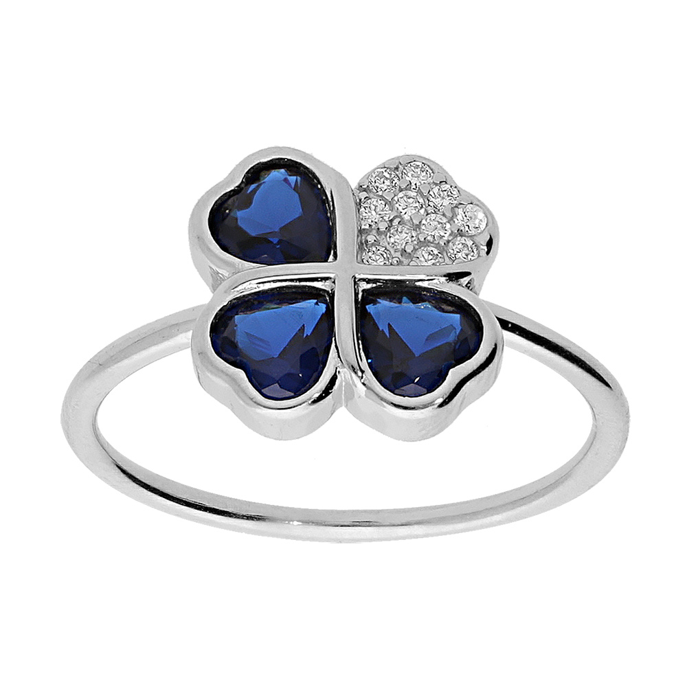 Bague en argent rhodié trèfle et coeur 10mm avec oxydes bleus