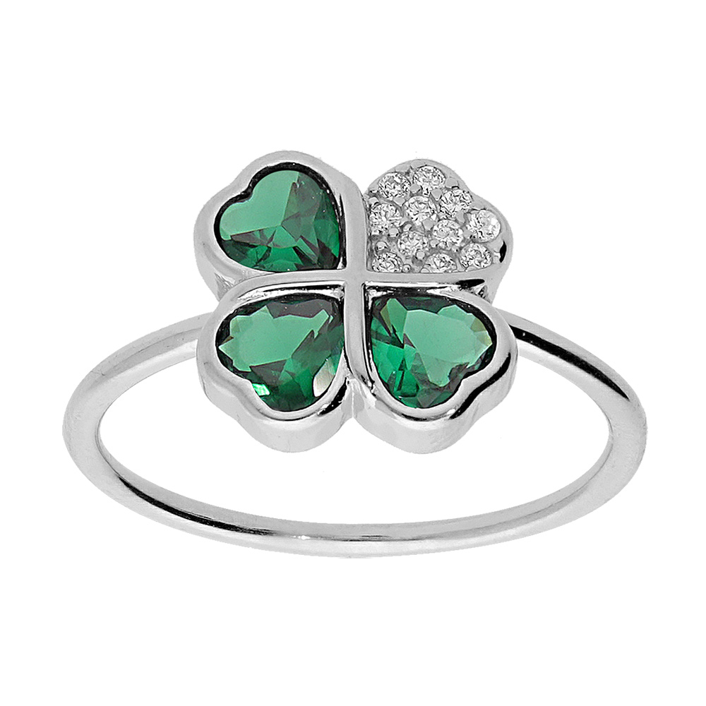 Bague en argent rhodié trèfle et coeur 10mm avec oxydes verts
