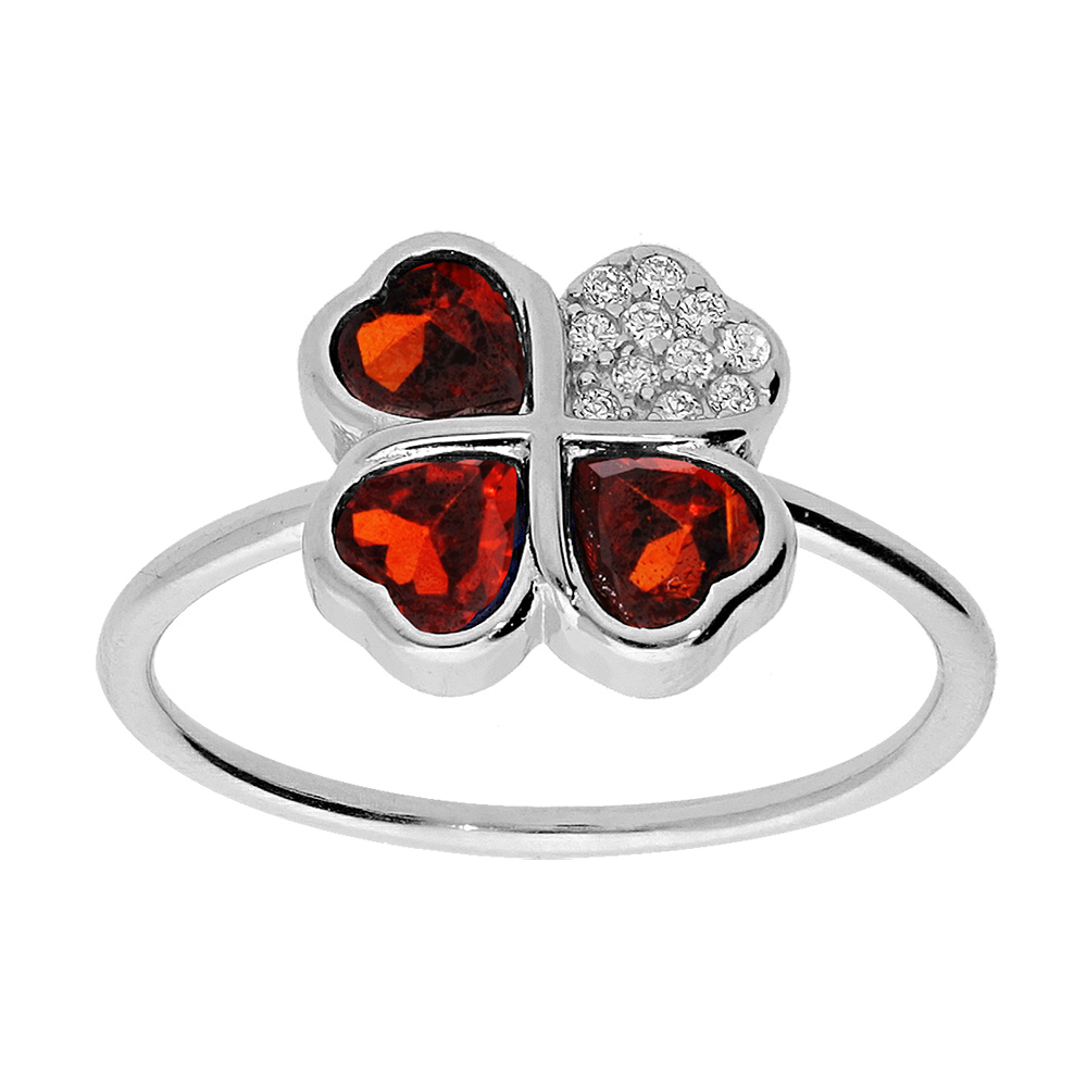Bague en argent rhodié trèfle et coeur 10 mm avec oxydes rouge Bague en argent rhodié trèfle et coeur 10 mm avec oxydes rouge