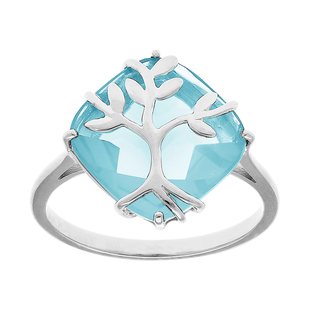 Bague en argent platiné avec oxyde bleu ciel et arbre de vie