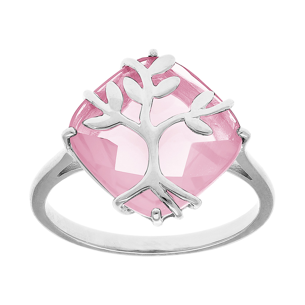 Bague en argent platiné avec oxyde rose et arbre de vie