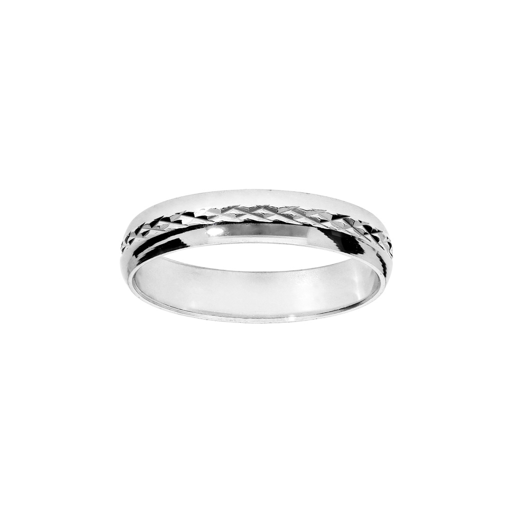 Alliance en argent rhodié 4mm avec bande ciselée en rose des vents au milieu et bords brillants