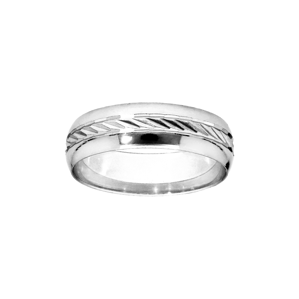 Alliance en argent rhodié 6mm avec bande ciselée en diagonale au milieu et bords brillants