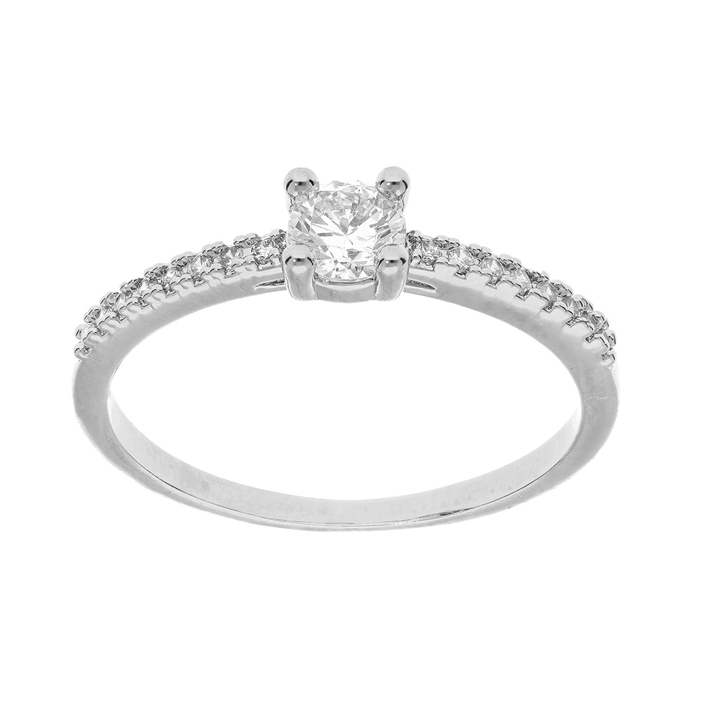 Bague en argent rhodié solitaire avec rails d'oxydes blancs sertis et 1 oxyde blanc serti griffe