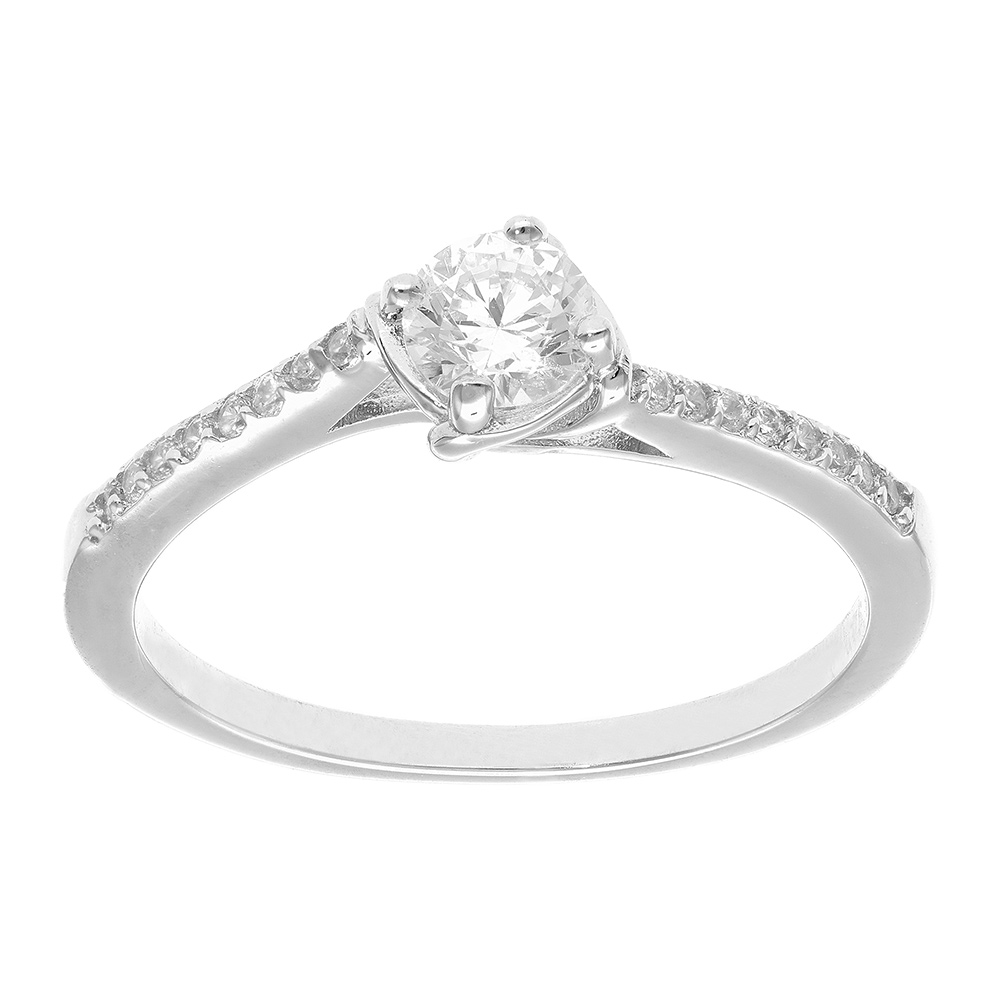 Bague en argent rhodié solitaire avec rivière d'oxydes blancs sertis et 1 oxyde blanc serti griffe