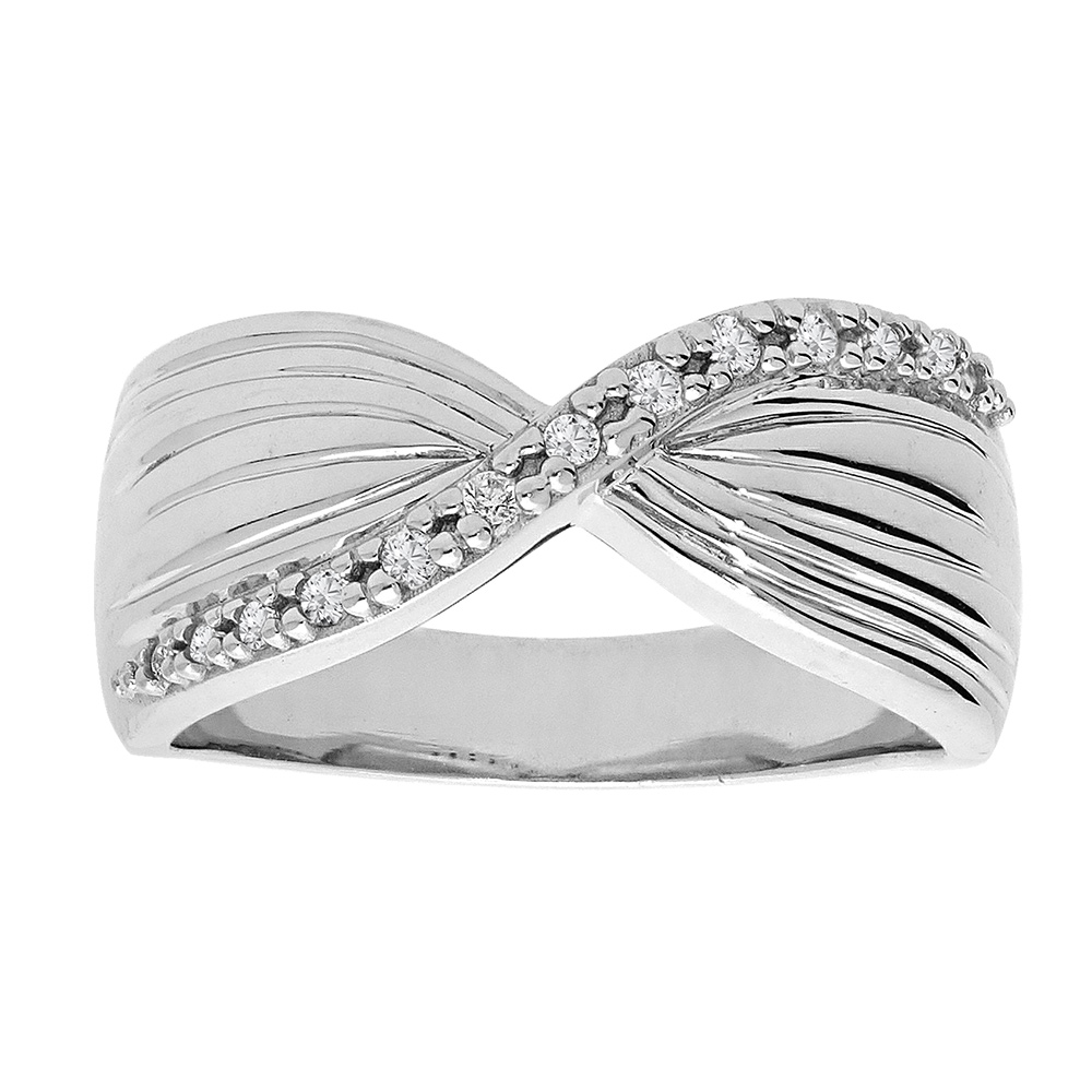 Bague en argent platiné ruban croisé avec oxydes blancs sertis