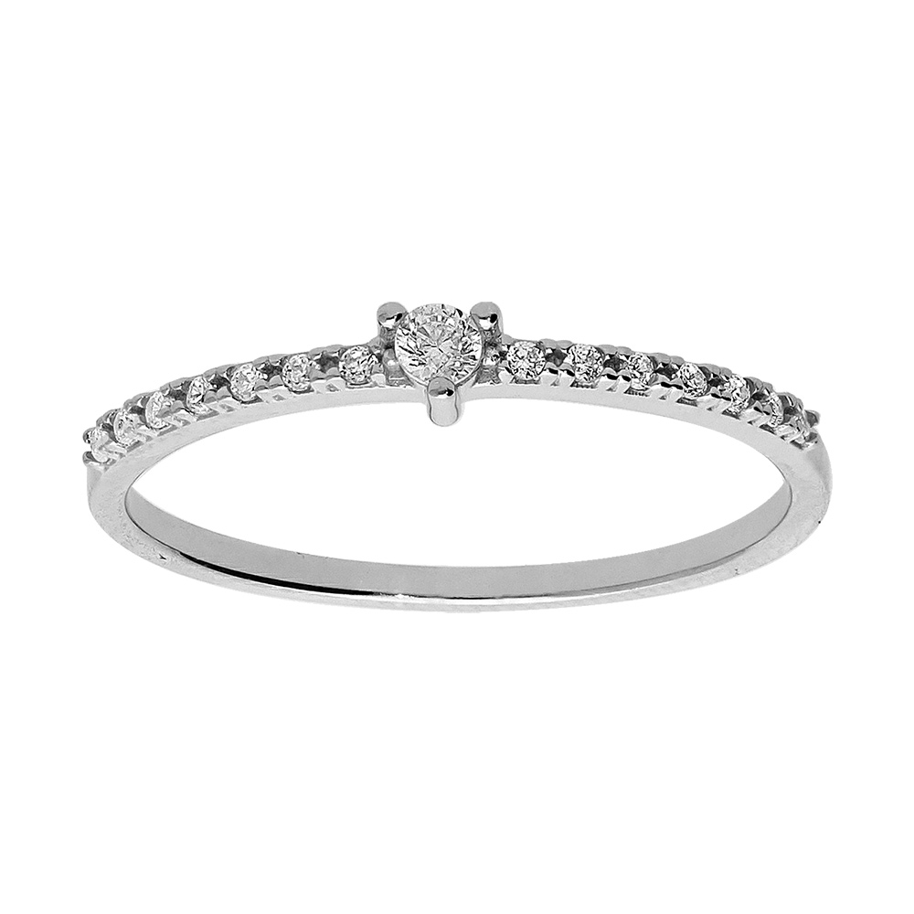 Alliance en argent platiné demi rail d'oxydes blancs sertis et solitaire oxyde blanc au centre