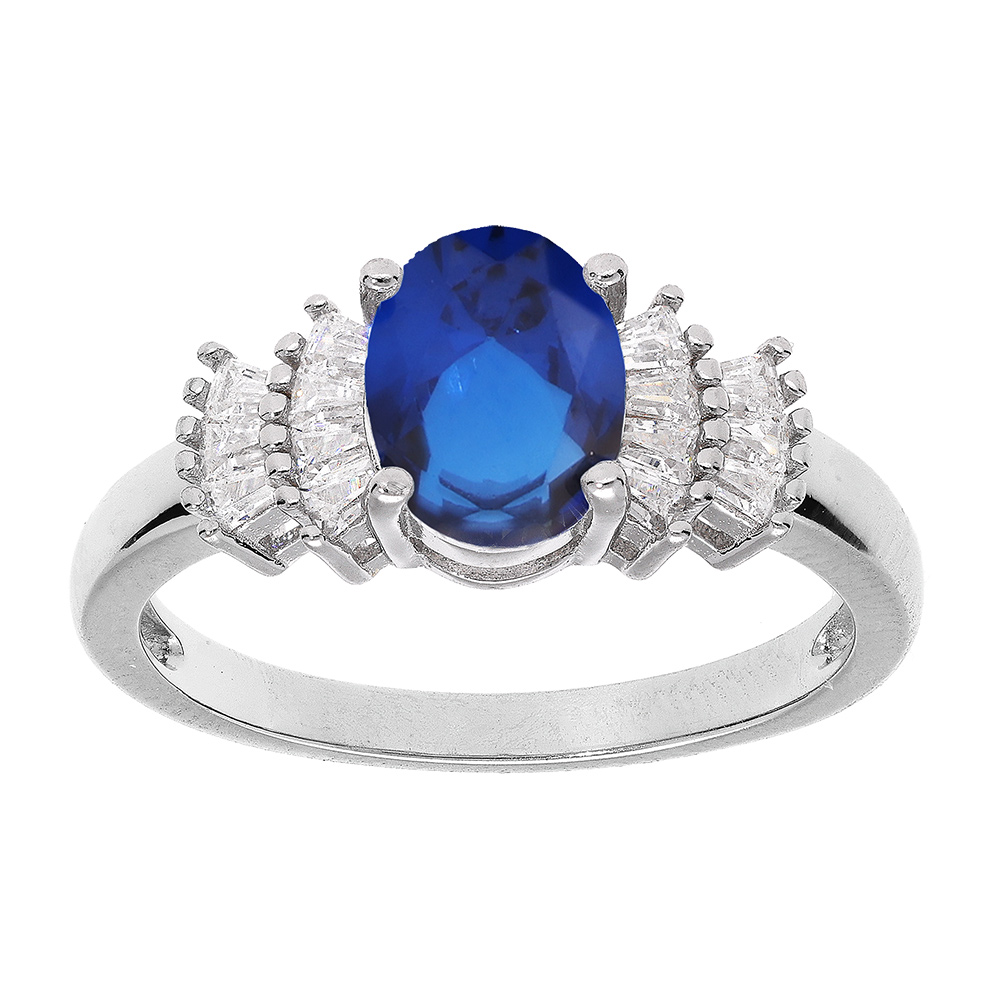Bague en argent rhodié avec oxyde blanc et bleu foncé