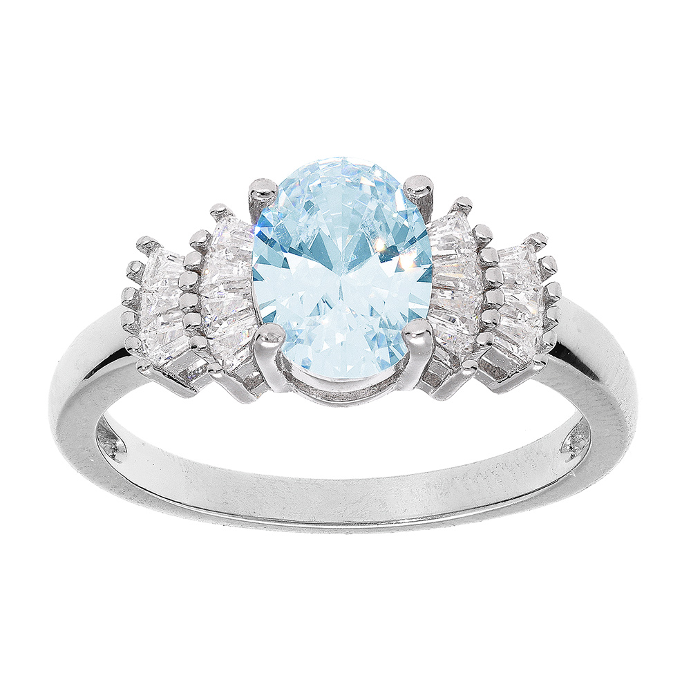 Bague en argent rhodié avec oxyde blanc et bleu ciel