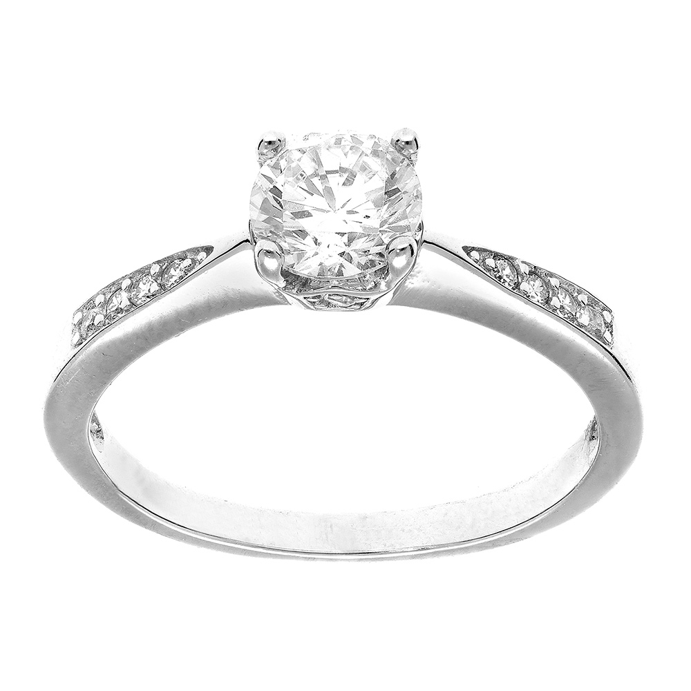 Bague en argent rhodié solitaire avec oxydes blancs sertis et 1 oxyde blanc serti griffe