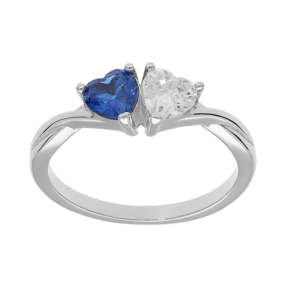 Bague en argent rhodié double coeur avec oxyde bleu foncé et blanc