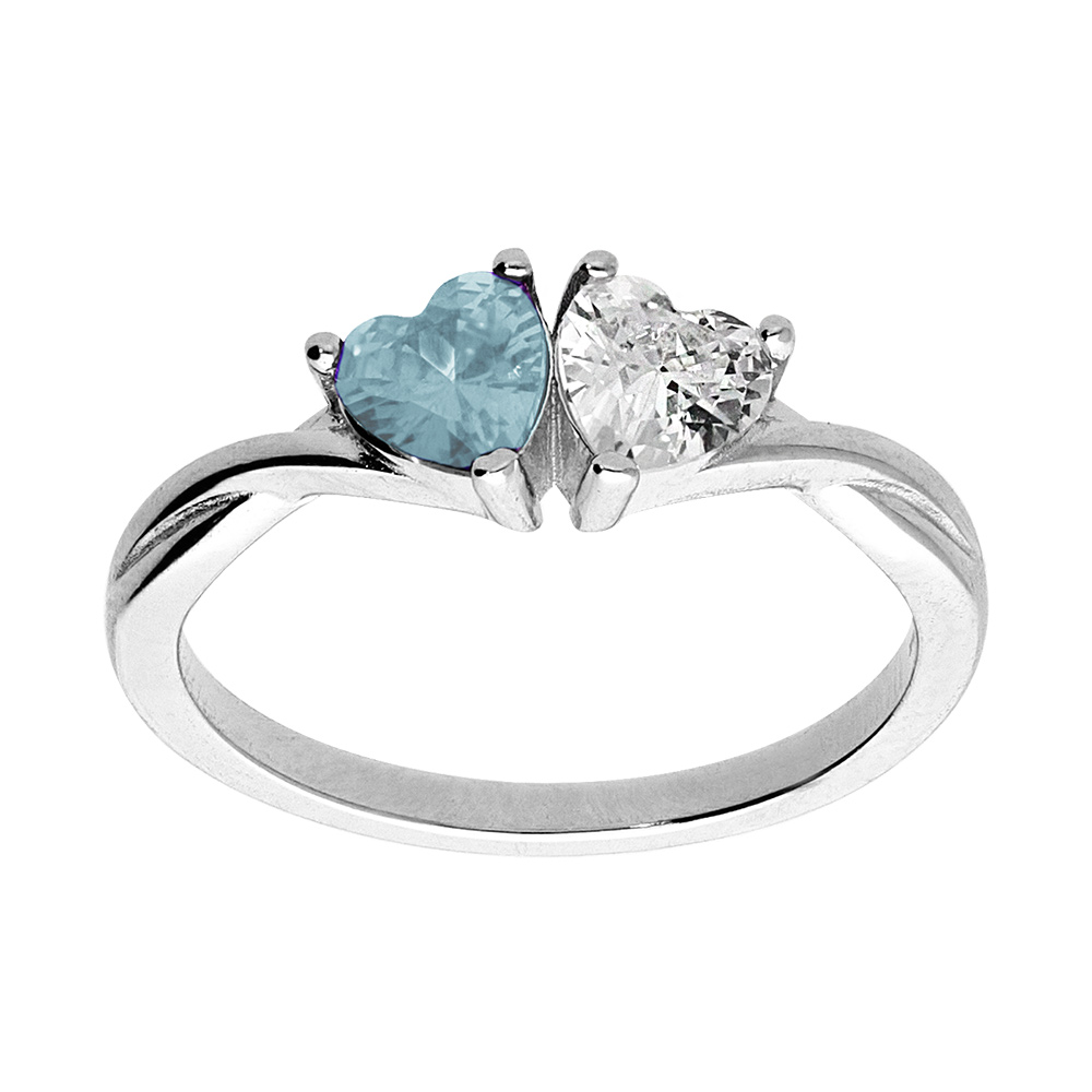 Bague en argent rhodié double coeur en oxyde bleu ciel et blanc