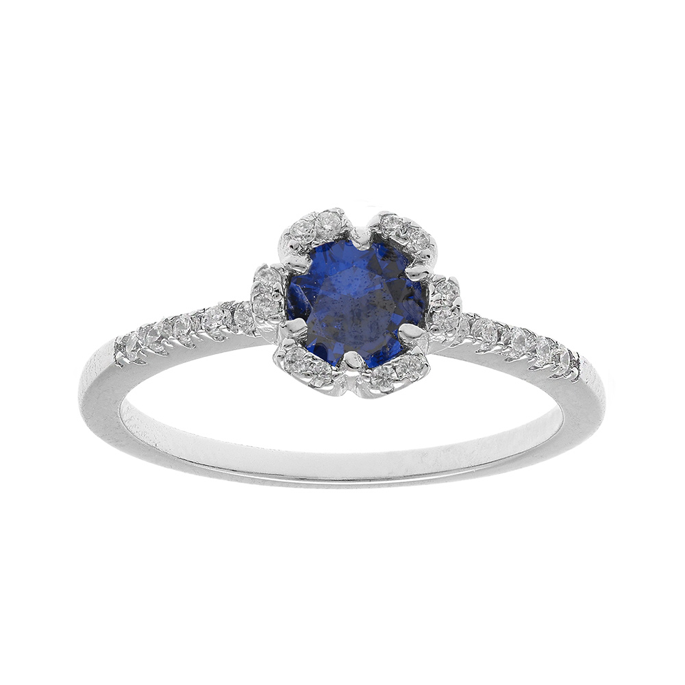 Bague en argent rhodié fleur oxydes bleu foncé et blancs sertis