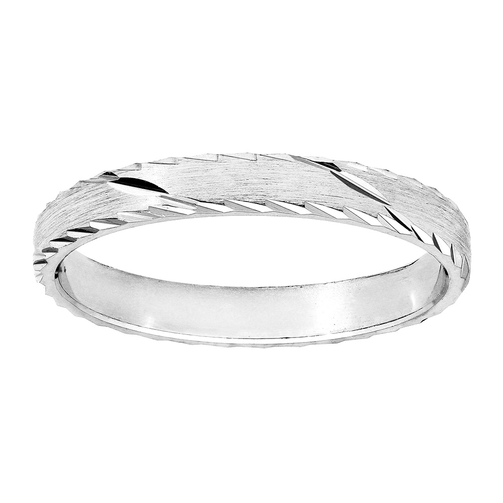 Alliance en argent rhodié satiné 3mm et diamantée 1 trait en biais avec bords ciselés