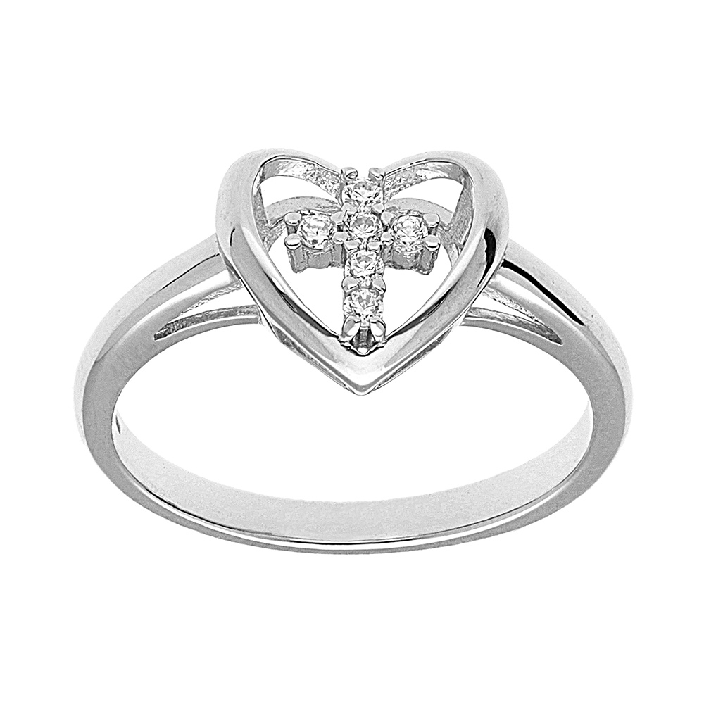 Bague en argent rhodié coeur avec croix et oxydes blancs sertis 9x10mm