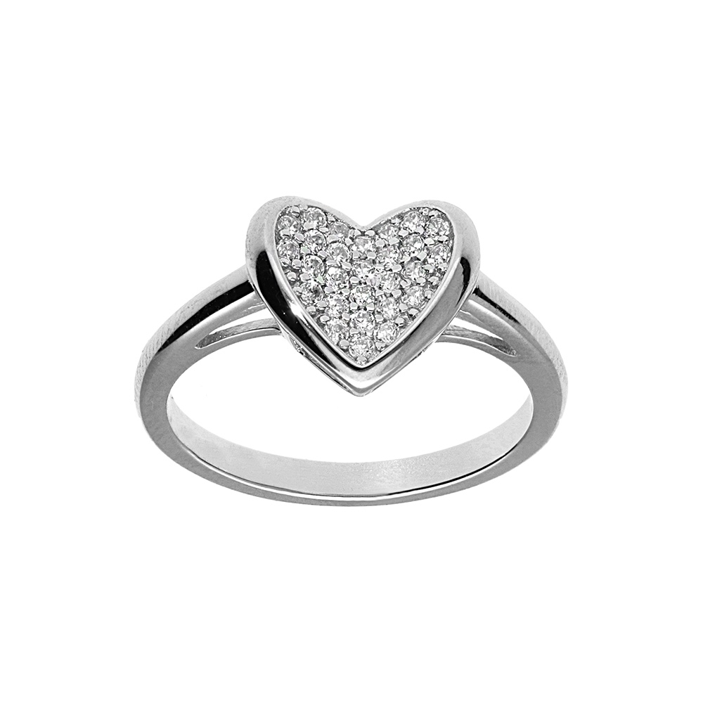 Bague en argent rhodié coeur pavé d'oxydes blancs sertis 9 x 10mm