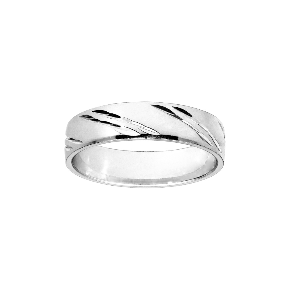 Alliance en argent rhodié satiné 5mm et diamantée 2 traits en biais